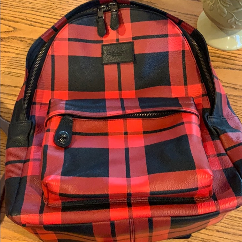 Coach plaid backpack. Leather w canvas. EUC
